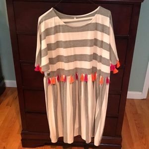 Grey and white striped t shirt dress with fringe
